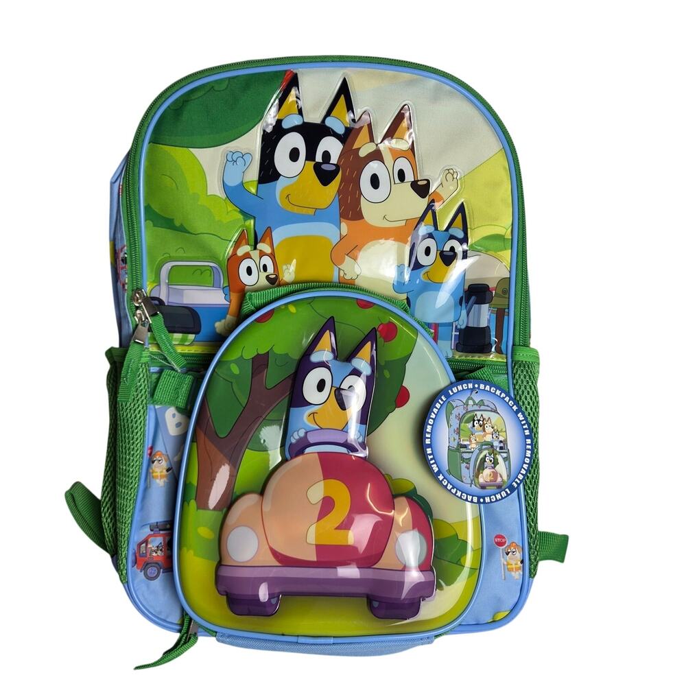 Bluey Backpack Removable Lunch Bag Green Blue Cartoon Adjustable Strap School